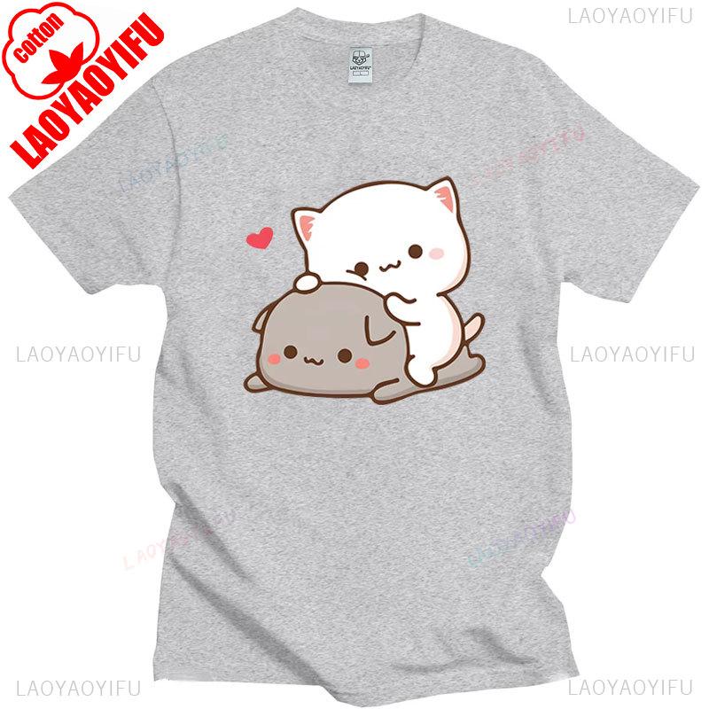 Pfirsich Katze Goma und Mochi Selfie T-Shirt Sommer Baumwolle Kurzarm T-Shirts Niedlicher Druck T-Shirt Mode Harajuku Lustige Partner Tops