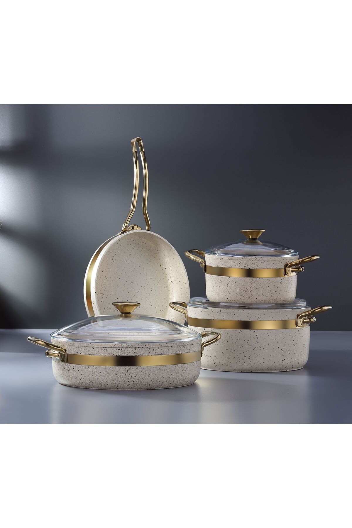 Nil 7 Parça Granit Tencere Seti Krem - Gold
