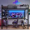 Loft Bed, 90 X 200cm, Iron Frame, Desk, Railing, Ladder, Multiple Shelves, USB+Type-C Socket, LED Strip, Pegboard, Without Mattress, Black