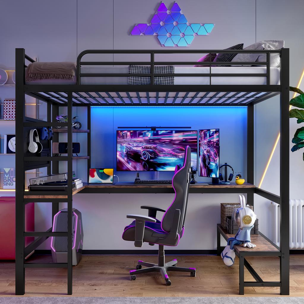 Loft Bed, 90 X 200cm, Iron Frame, Desk, Railing, Ladder, Multiple Shelves, USB+Type-C Socket, LED Strip, Pegboard, Without Mattress, Black