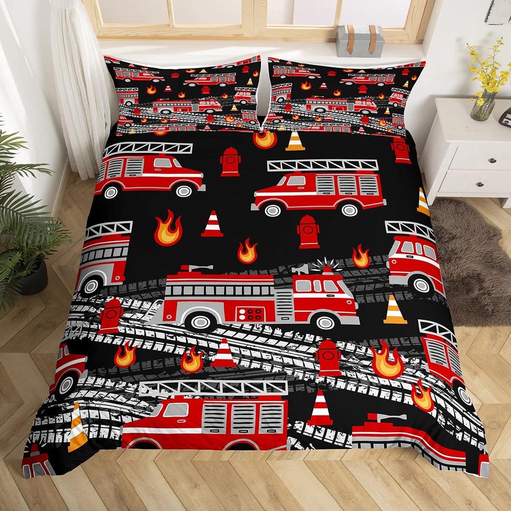 Comforter Fire Truck For Kids Boys Fire Engine Vehicle Extinguisher Fire Hydrant Print Bedding Set Microfiber Twin