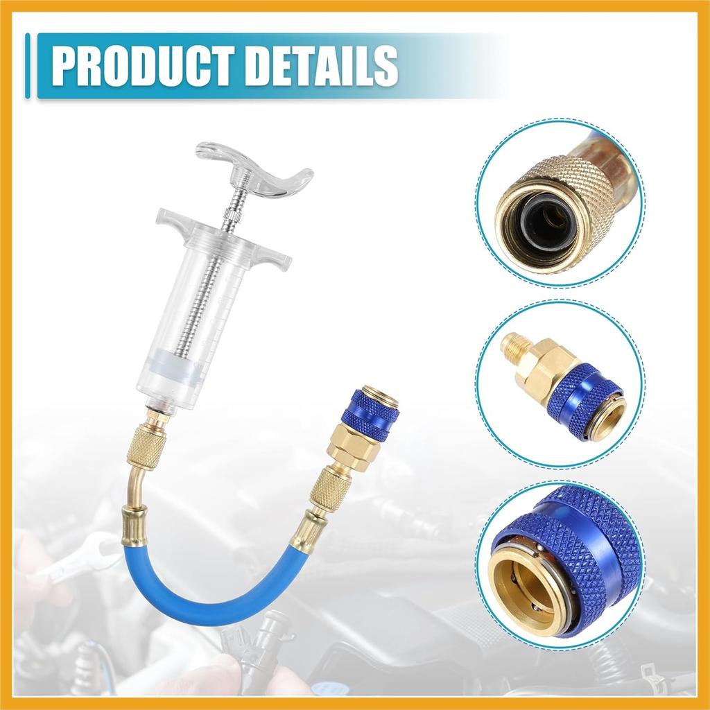 Oil and Dye Injectors Kit 30ml/1 Oz Hand Push Compressor Manual AC Oil Dye Injector with Quick Coupler 1/4 SAE Connector Car HVAC Compressor Oil Dye