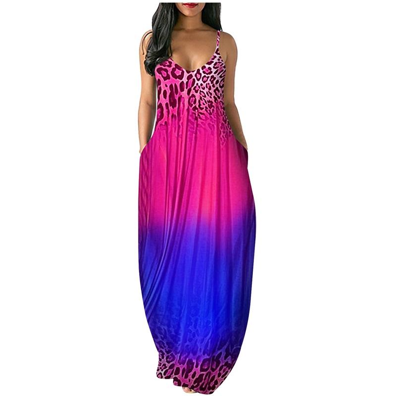 Women's Leopard Print Gradient Maxi Dress Sleeveless V Neck Casual Long Dress With Pockets