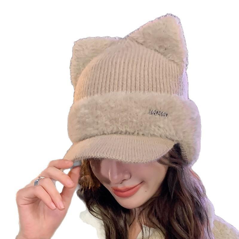 Versatile Hat for Women with Big Head Circumference To Show The Face Kitten Ear Wool Hat Plus Velvet Ear Protection Warm Knit Hat
