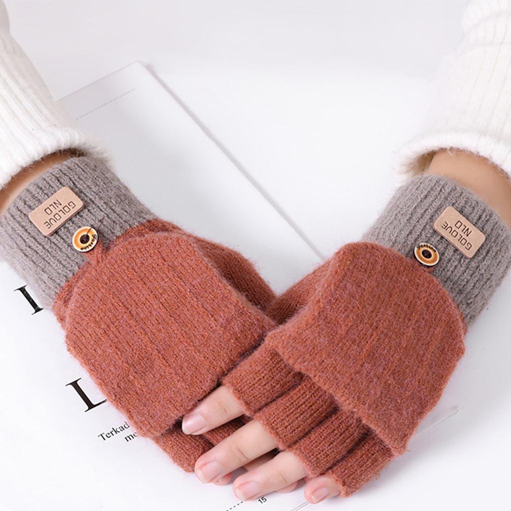 Winter Gloves Warm Flip Half&Full Finger Color Blocking Convertible Typing Glove