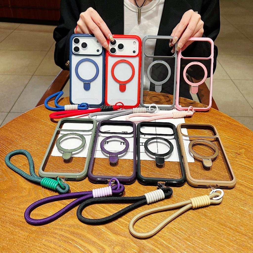 For iPhone 17 Pro Case Compatible with MagSafe Kickstand TPU PC Clear Phone Back Cover with Wrist Strap