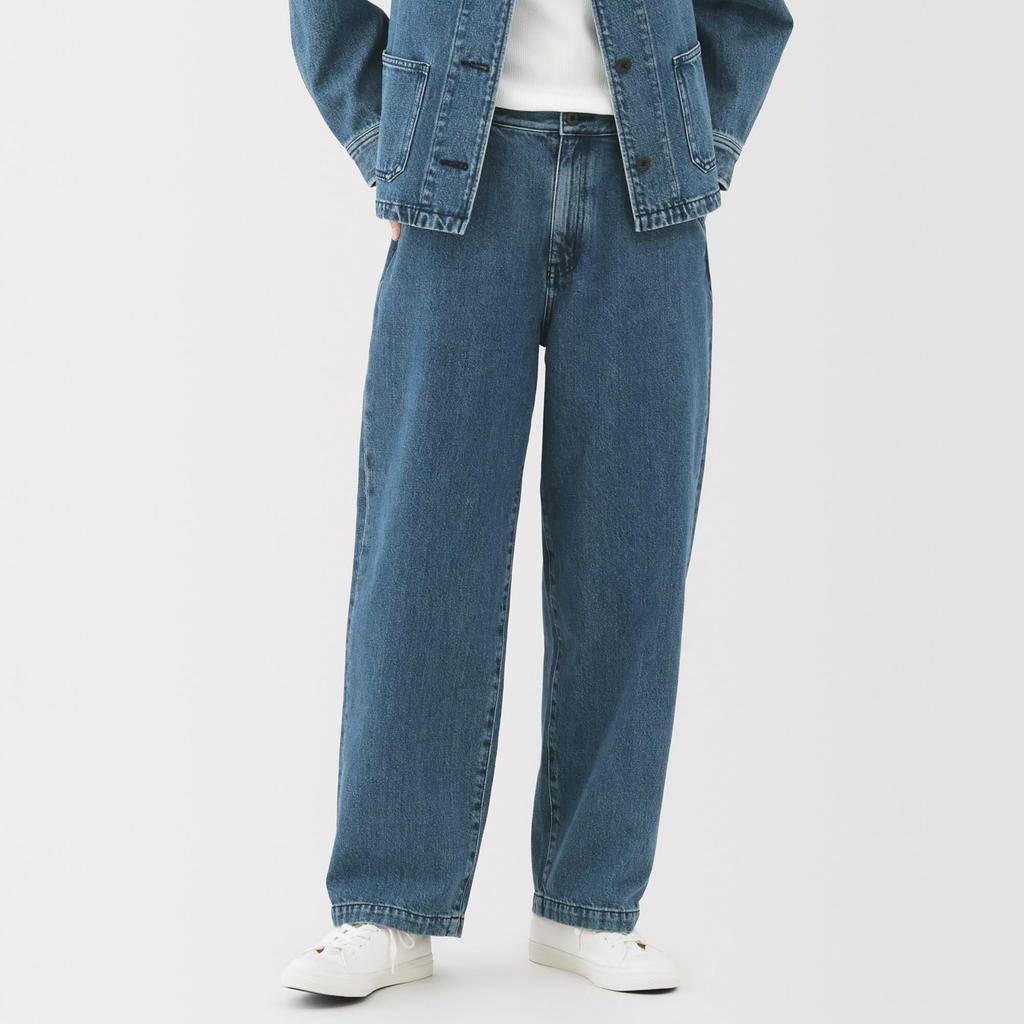 MUJI Women's Kapok Blend Denim Wide Tapered Pants, Light Blue, Size L (BE1V4A5S)