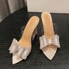 Liyke Summer Women's 10CM Thin High Heels Modern Slippers Sandals Fashion Crystal Bowknot Pointed Open Toe Party Dress Shoes