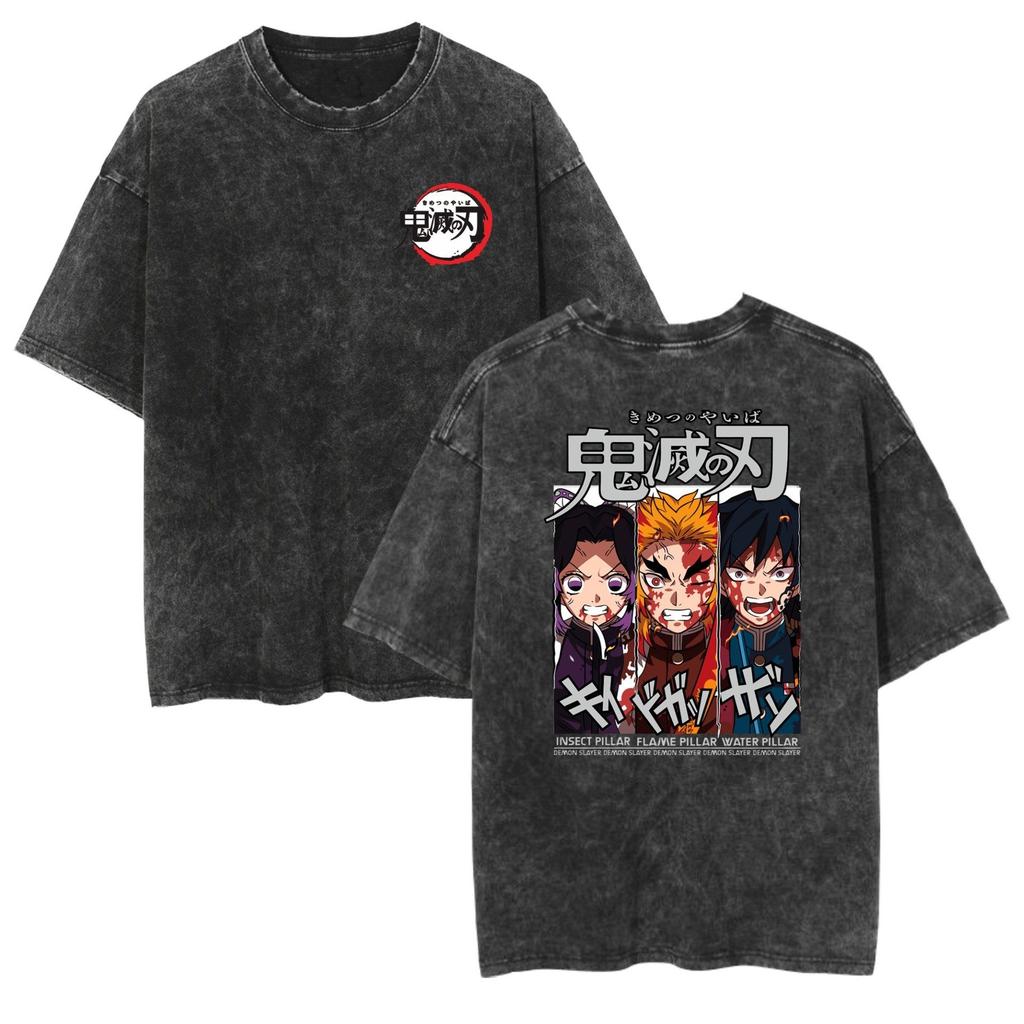 Ghost Slayer Retro Washed Anime Short Sleeve T-shirt with Printed Pattern for Daily Comfort