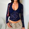 Sexy Slim Fit Dlouhý Rukáv Krajkový Top s Dírkami