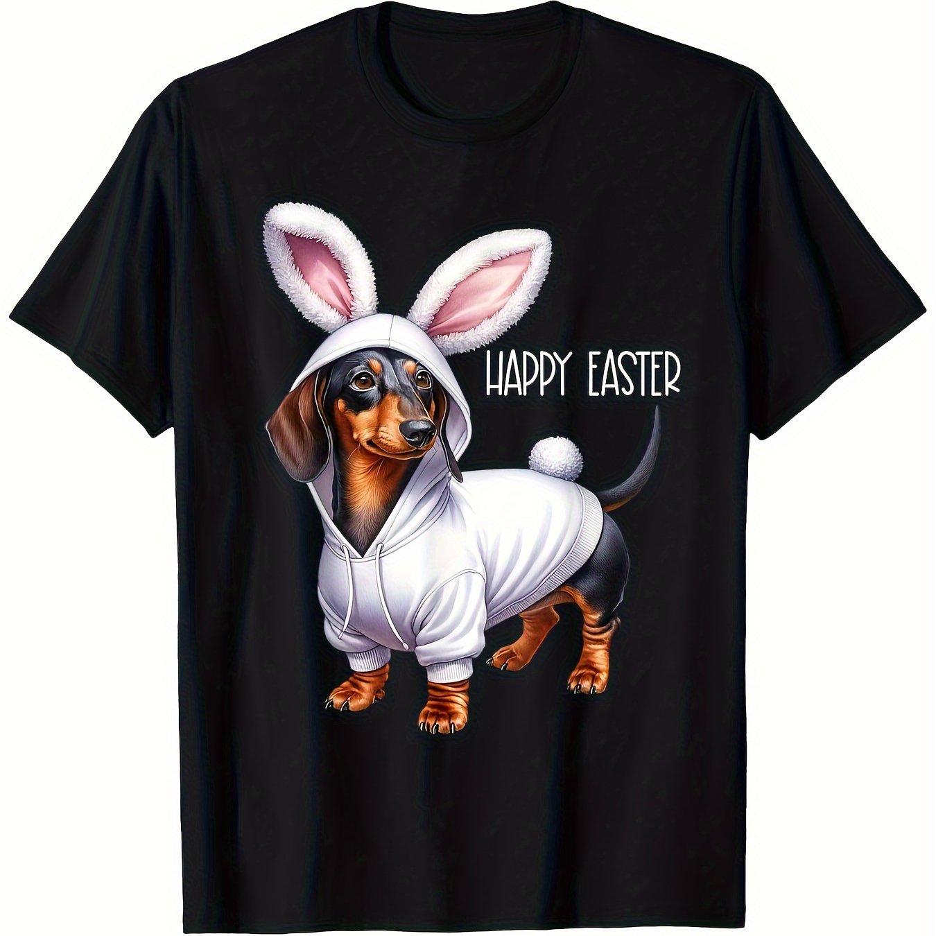 Dachshund Bunny Ears Happy Easter Graphic Tee Men Casual Cotton Short Sleeve T-Shirt 4XL