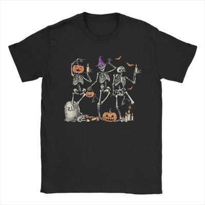 T-shirt Squelette Dansant Joyeux Halloween Tête de Mort Homme Coton Nouveauté T-shirt Col O T-shirts Manches Courtes Hauts Été