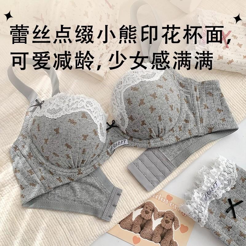 Printed bear French floral lace underwear women's small breasts gather to show large and thin bras new models