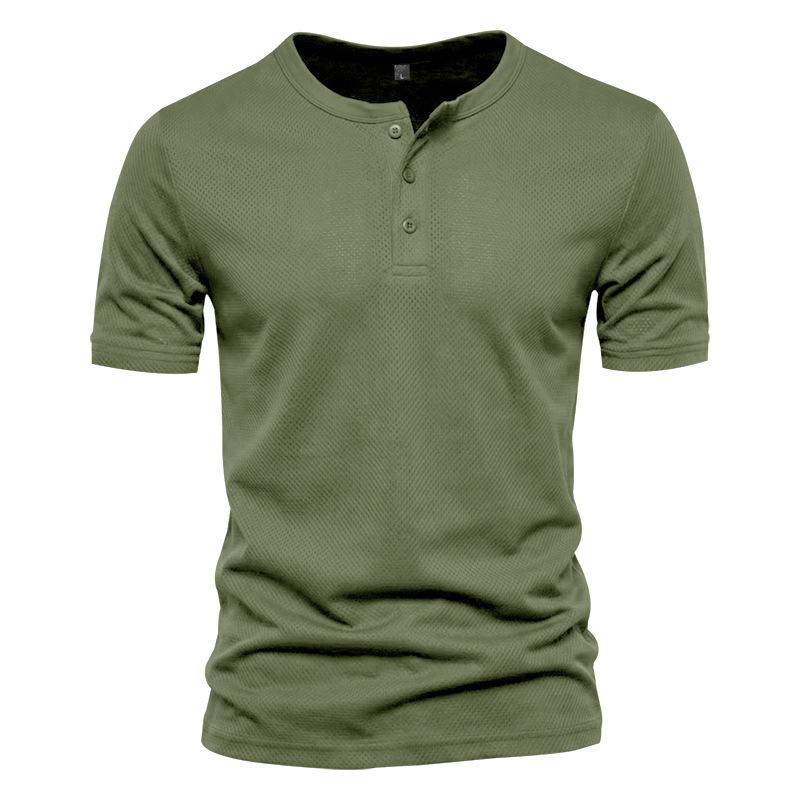 Men’s Summer Quick-Dry Mesh Henry-Neck T-Shirt – Casual Plain Short-Sleeved