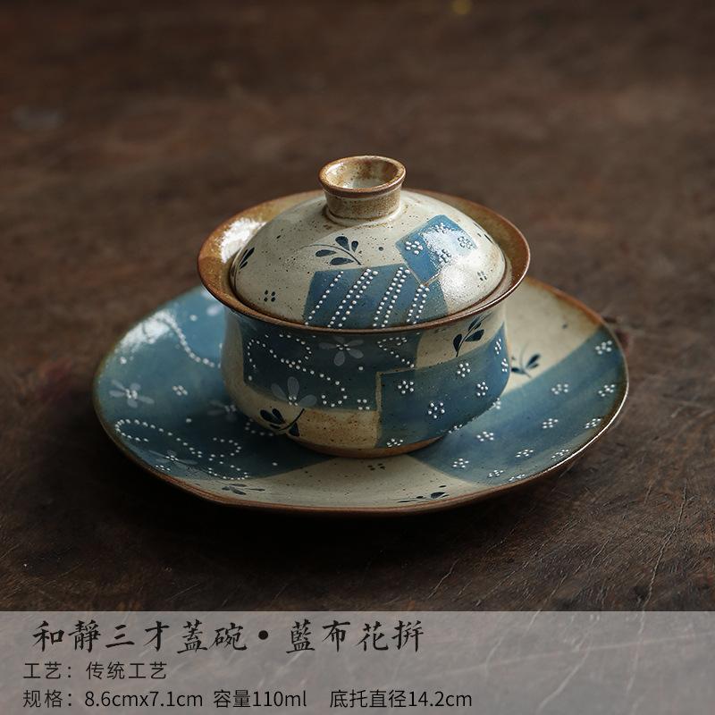 110ml Hand-painted Blue Cloth Floral Patchwork Gaiwan Retro Tea Tureen Tea Bowl With Lid Kit Tea Maker Cover Bowl Tea Items Gift