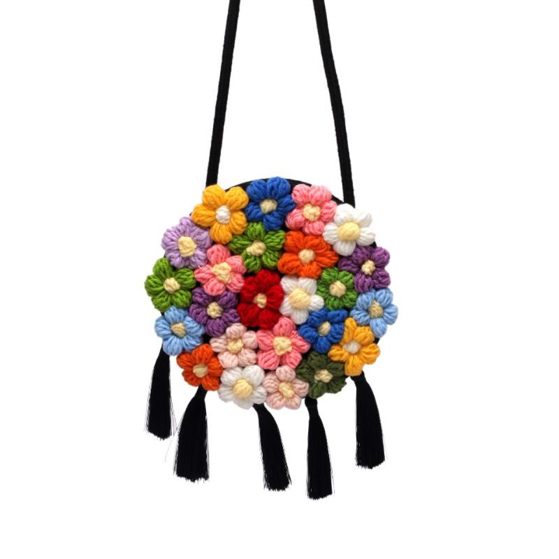 

Color Flower Small Bag Mini Fringed Small Round Bag Fashion One Shoulder Crossbody Women s Bag Delicate Straw Mini чёрный