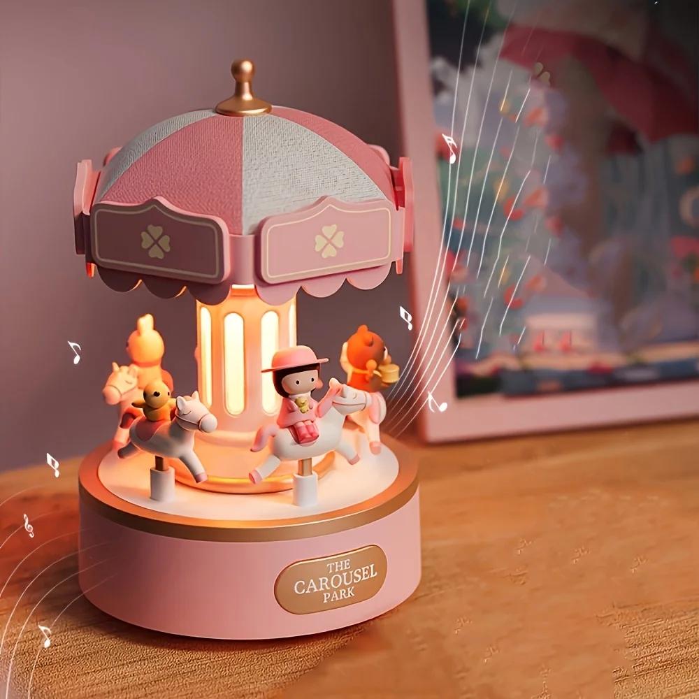 

Рождественская карусель, вращающиеся музыкальные шкатулки для девочек, фигурка Санта-Клауса и лося со светодиодной подсветкой, музыкальный подарок на день рождения, украшение для дома розовый