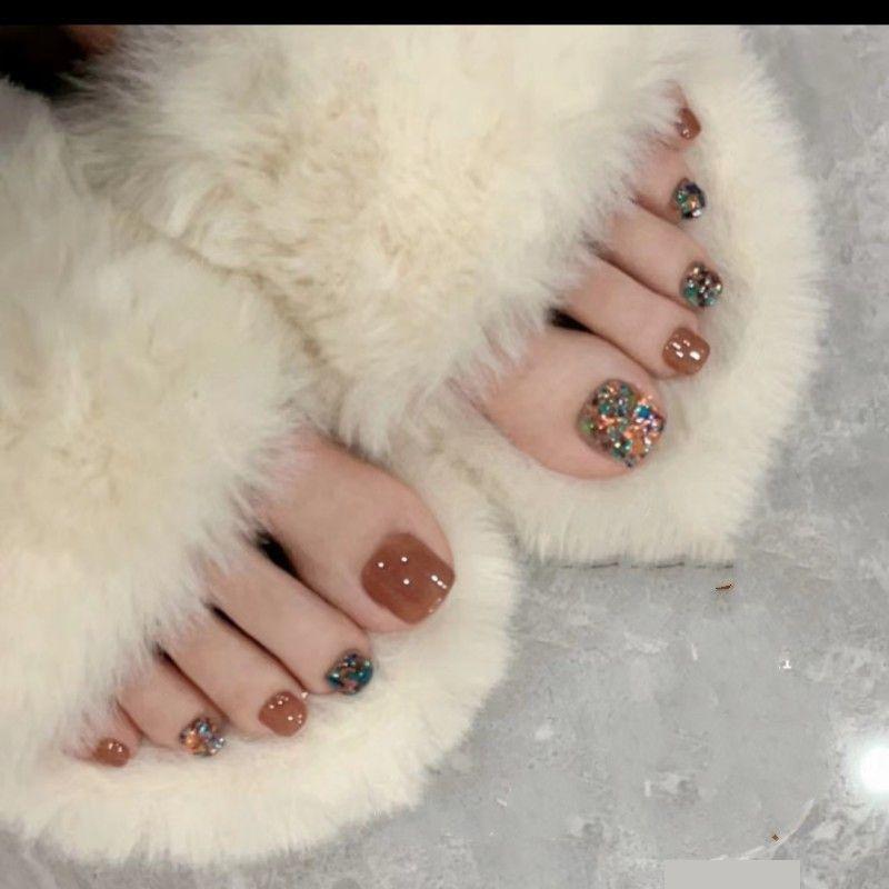 

Xiaohongshu Same Style Toe Wear Nail Polish Liao Finished Nail Beauty Classy White Pregnant Women Detachable Nail Stickers AM-51 caramel flash-S