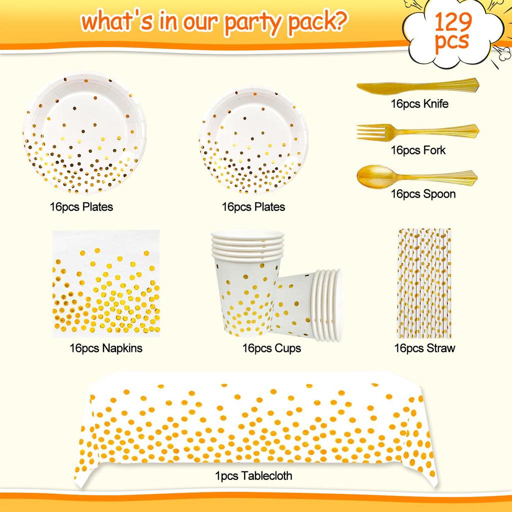 White Gold Party Supplies Decorations,129Pcs Paper Plates Party Supplies-White Gold Party Paper Plates Cups Tablecloth&Gold Dot Napkins for Graduation