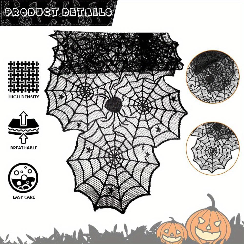 1pc Table Runner with 16 Pack 3D Bats, Spider Web Black Lace Table Runner for Kitchen Dinner Table Party Decoration Indoor
