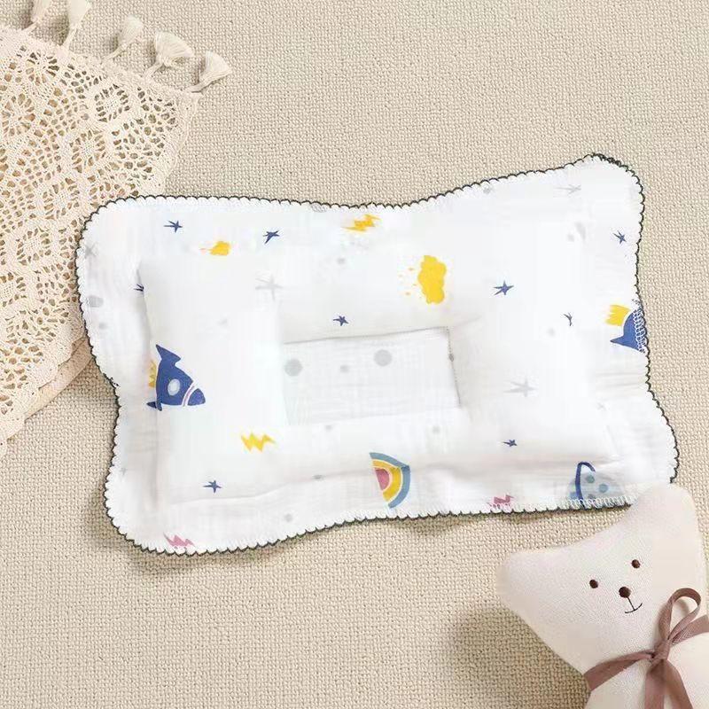 Baby Pillow Pure Cotton Gauze Baby Styling Pillow Lace Cotton Newborn Head Anti-Bias Head Correction Low Pillow 0-6