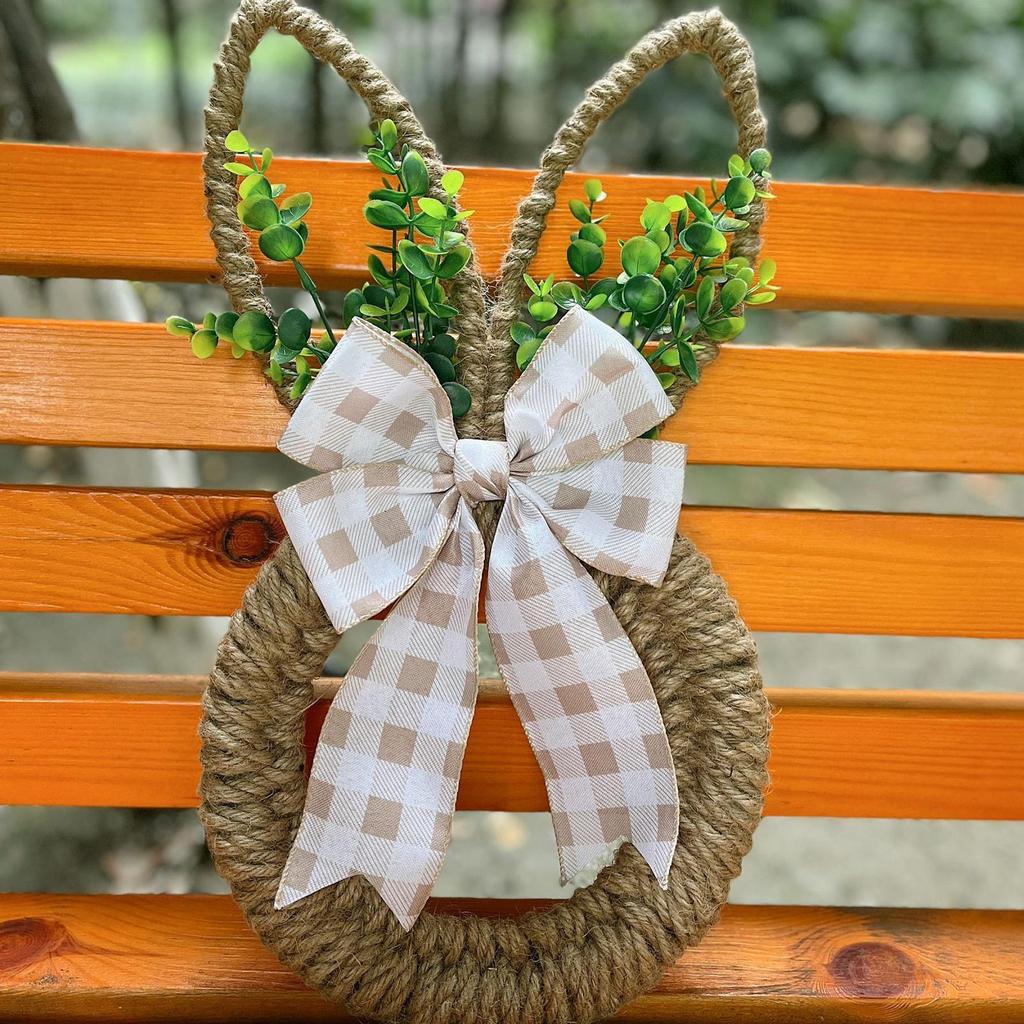 Easter Bunny Wreath Rabbit Shape Front Door Decoration Spring Floral with Bow for Home Wall Window Living Room Holiday Garland