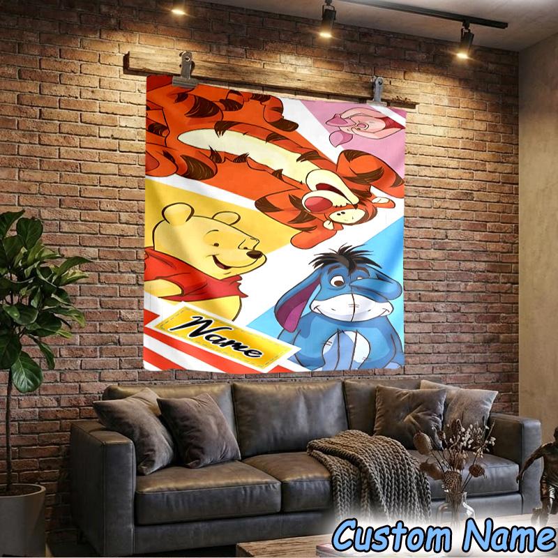 Custom Name Tapestry Cartoon Pooh Tapestry, Unique Design Tapestry, Suitable for Bedroom,Livingroom, Playroom,Heartwarming Fan Holiday Gifts