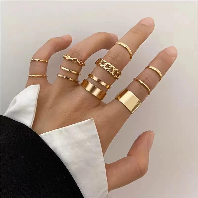 Cross-Border New Punk Style 10PCS Minimalist All-Match Glossy Men s And Women s Ring Sets, Men s And Women s Punk Chain Finger R
