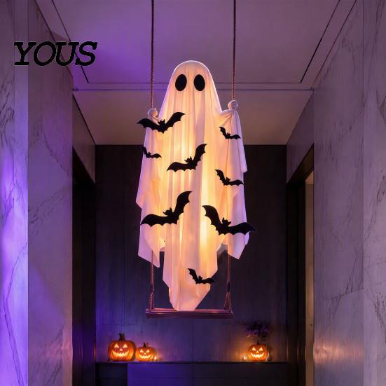 Lighted Creepy Yard Props Halloween Large Hanging Swing Ghost Decoration, Light Up Spooky Swinging Window Display Ghosts with 3D Bats for Front