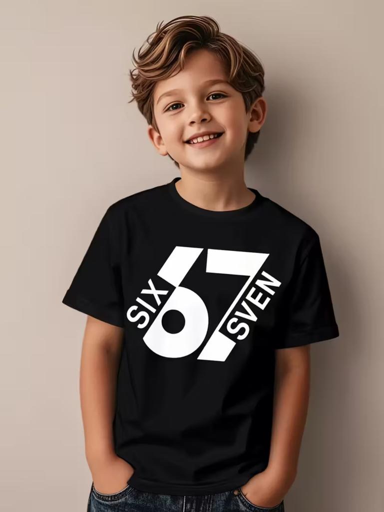 67 Meme Graphic Tshirt Kids Funny Number Print Summer Short Sleeve Loose Streetwear Tops