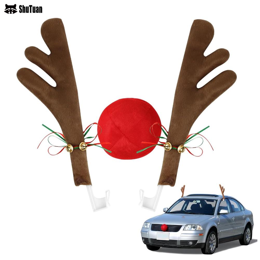 Car Reindeer Antlers & Nose Christmas Costume Auto Decoration, Rudolph Reindeer Jingle Bell Added To Holiday Spirit