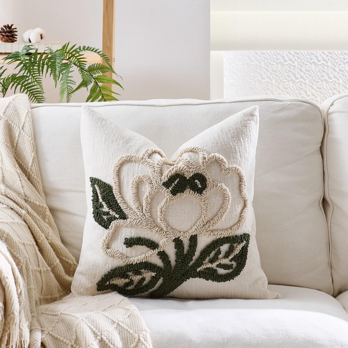 Housse de coussin verte simple 45x45cm Cojines Polyester Broderie florale Coussin d'appoint pour canapé Housse de coussin de tête de lit Décoration Maison 45x45cm