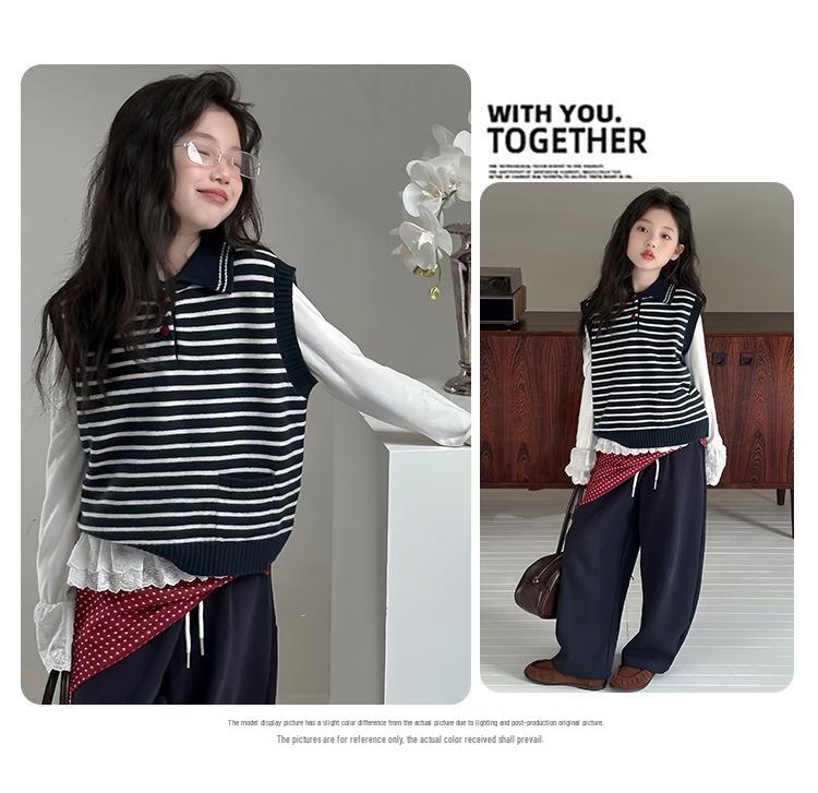 Autumn 2025 Girls' Fashionable Knitted Vest Polo Set - Trendy Three-piece Outfit