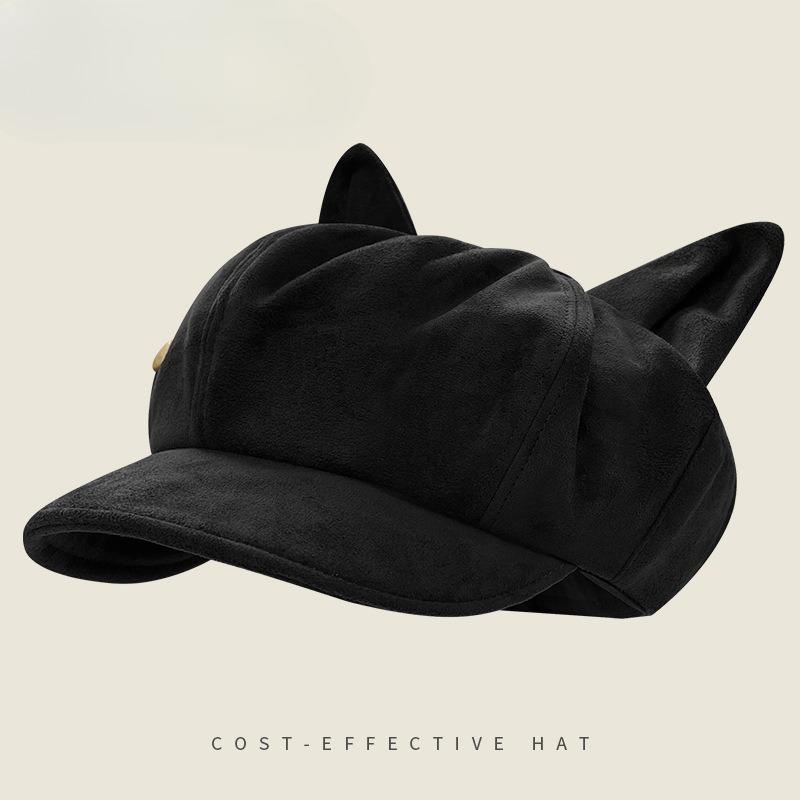 Korean Retro Cat Ears Octagonal Hat Women's Autumn and Winter Face Showing Newsboy Hat Brushed Warm Beret