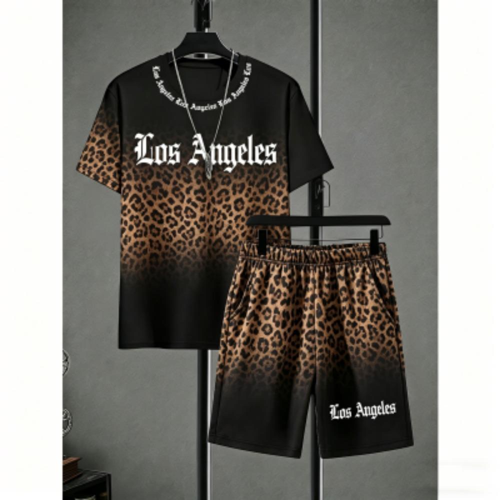 Men's Set Letter Leopard Colorful Printed Men's T-shirt and Shorts 2 Piece Set Summer Casual Outdoor Plus Size Men's and Women's T-shirt Sets