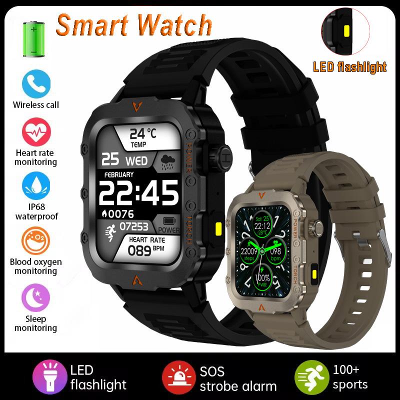 New Men's BT Call Smart Watch LED Flashlight Outdoor Sports Fitness Tracking Smartwatch Wristwatch Health Monitoring Watch