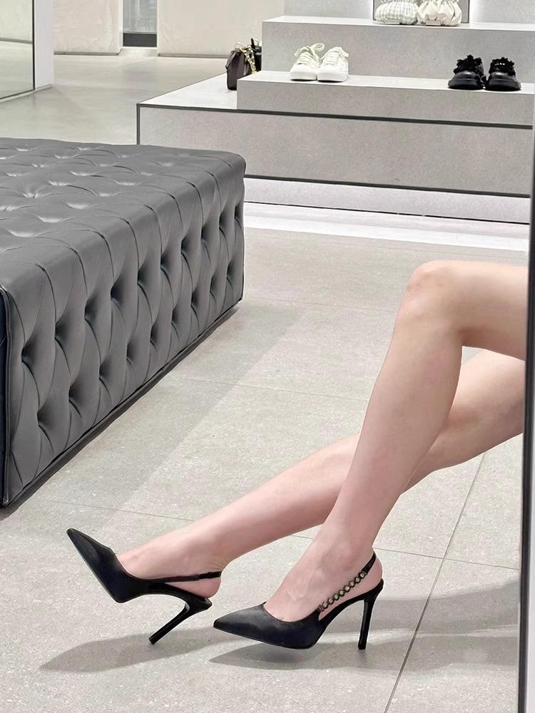 New pointed head shallow mouth rhinestone patent leather silver high heels women's fine heel versatile professional word with bag head sandals summer