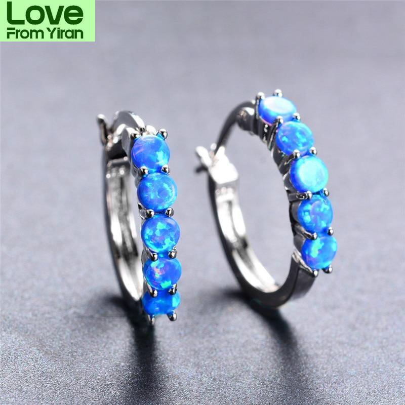 Blaike 925 Sterling Silver Round Hoop Earrings For Women Blue /White Fire Opal Earrings Rainbow Stone Circle Piercing Ear Jewelry