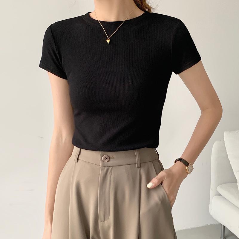 260g Women's Ribbed Cotton T-Shirt, Summer Short Sleeve, 2026 New Style, Solid Color, Plus Size, Versatile and Trendy.