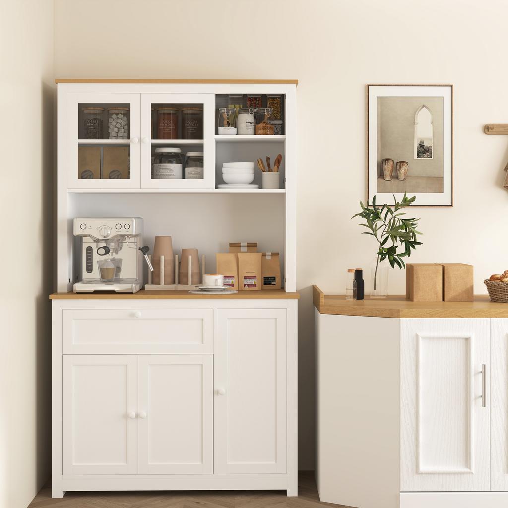 Armario de Cocina Estilo Casa de Campo, 1 Vitrina, 1 Estante Abierto, 1 Cajón, 2 Armarios, Natural + Blanco