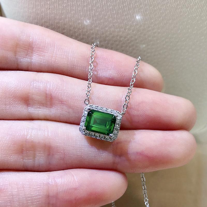 SpringLady 100% 925 Sterling Silver 6*8mm Synthetic Emerald Pendant Necklace For Women Sparkling Wedding Fine Jewelry Gift