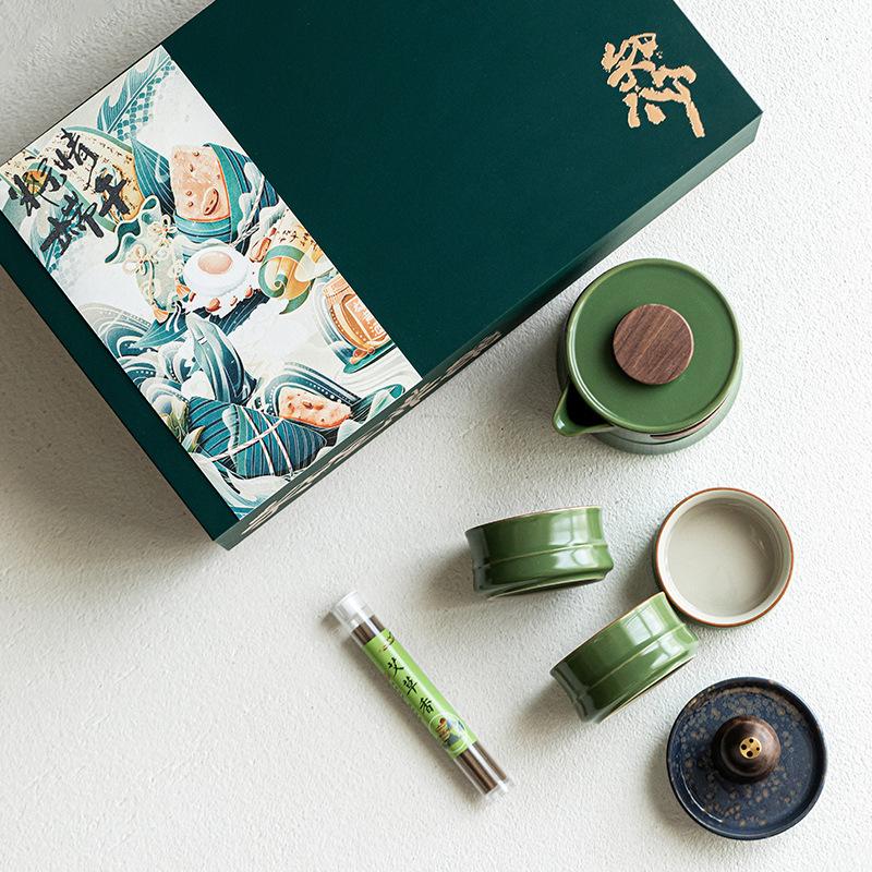 Dragon Boat Festival Bamboo Sound Merchandise Tea Ceremony Ceramic Travel Tea Set Portable Outdoor Camping Tea Cup a Pot