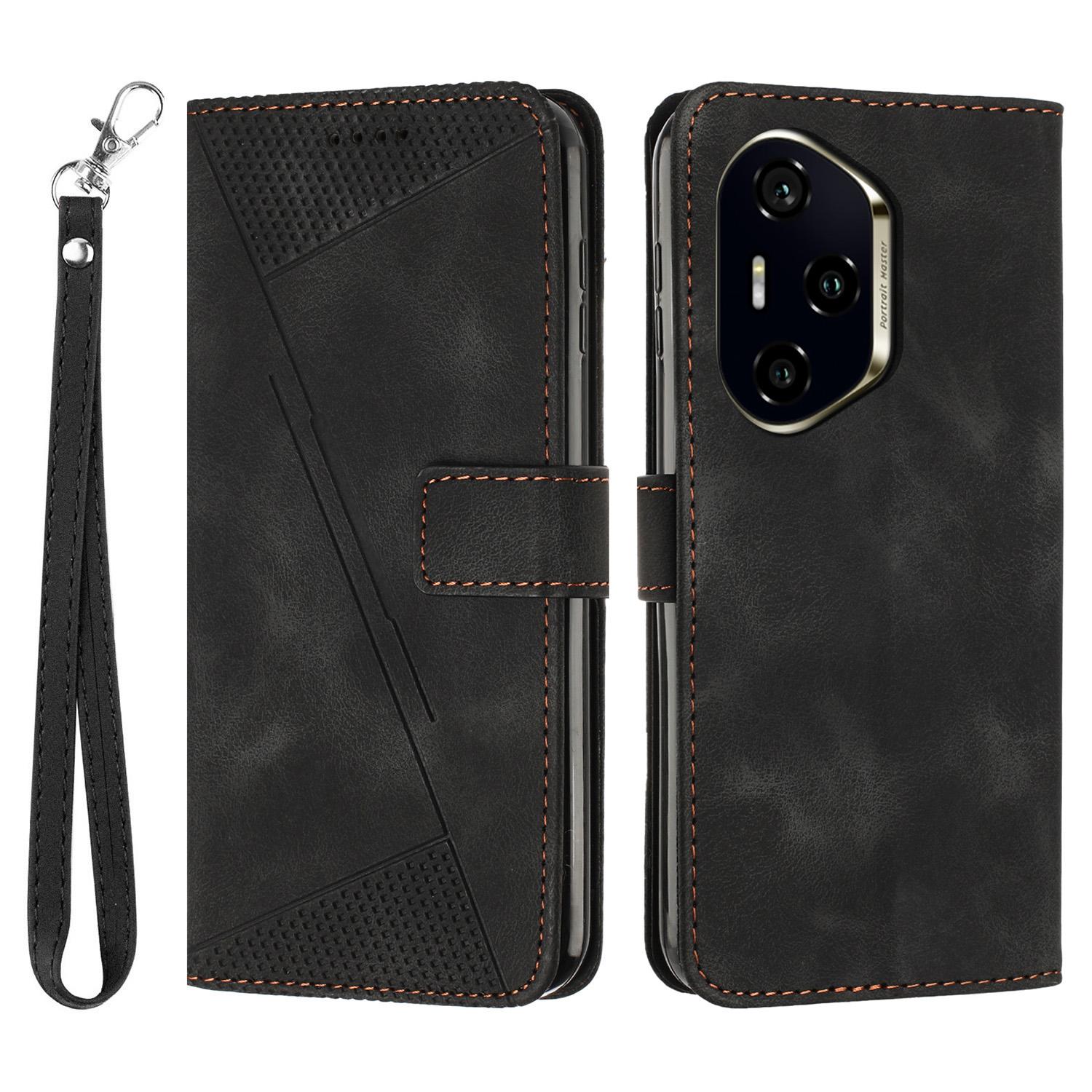 

Чехол-сумочка из кожи с тиснением в виде треугольников для Honor 300 Pro/300 Ultra Black