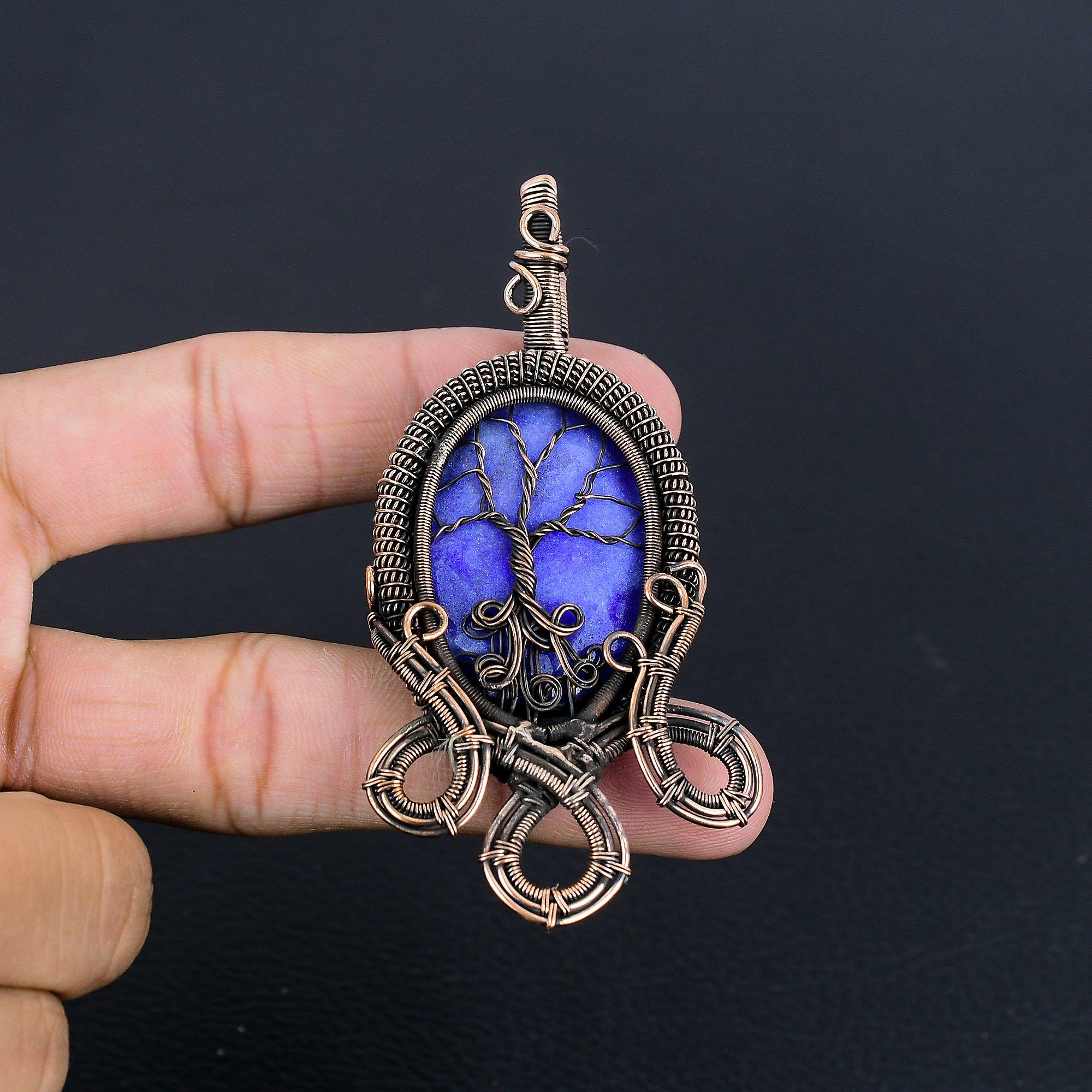 

Кулон с синим сапфиром, Кулон с драгоценным камнем ручной работы, Кулон, обернутый медной проволокой 999 пробы, Антикварное украшение, Для подарка на помолвку