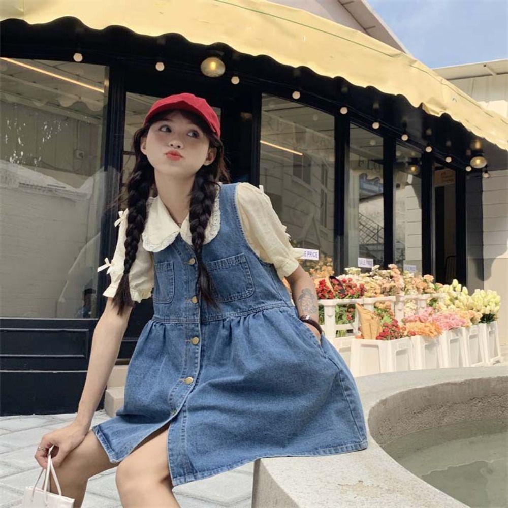 Pleated Cowboy Strap Dress V-neck Sleeveless Short Dress Sweet Denim Camisole Dress  Beachwear
