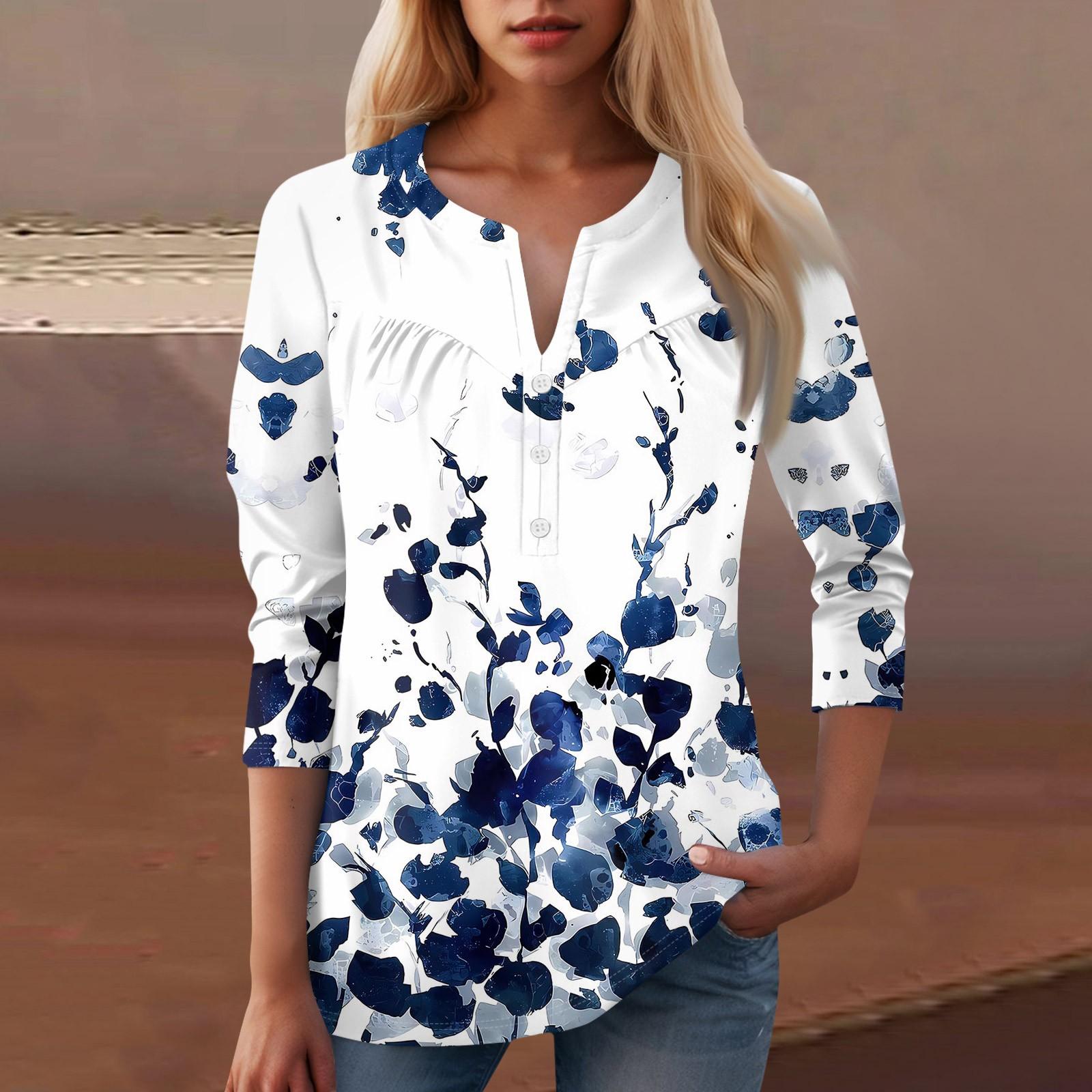 

Жіноча повсякденна футболка з V-подібним вирізом та декоративними ґудзиками з квітковим принтом S білий