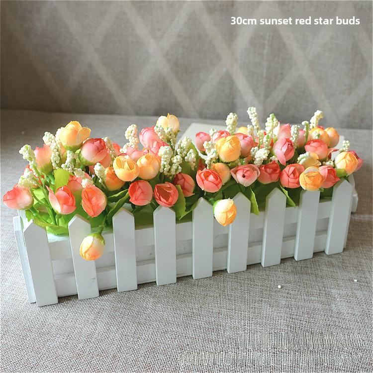 Artificial Flower Set: Wooden Fence & Small Potted Plants for Home Decoration