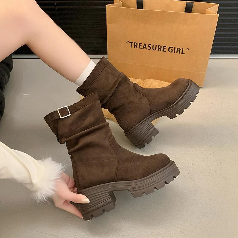 Platform High Heels Women Chelsea Ankle Boots Suede Shoes Winter 2025 Brand New Casual Chunky Shoes Retro Pumps Snow Botas Mujer