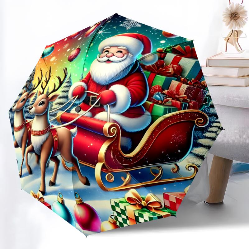 1pc Sturdy 8-Bone Auto Umbrella, Santa Claus Umbrella, Digital Printed, Foldable Umbrella for On-the-Go Outdoor Use