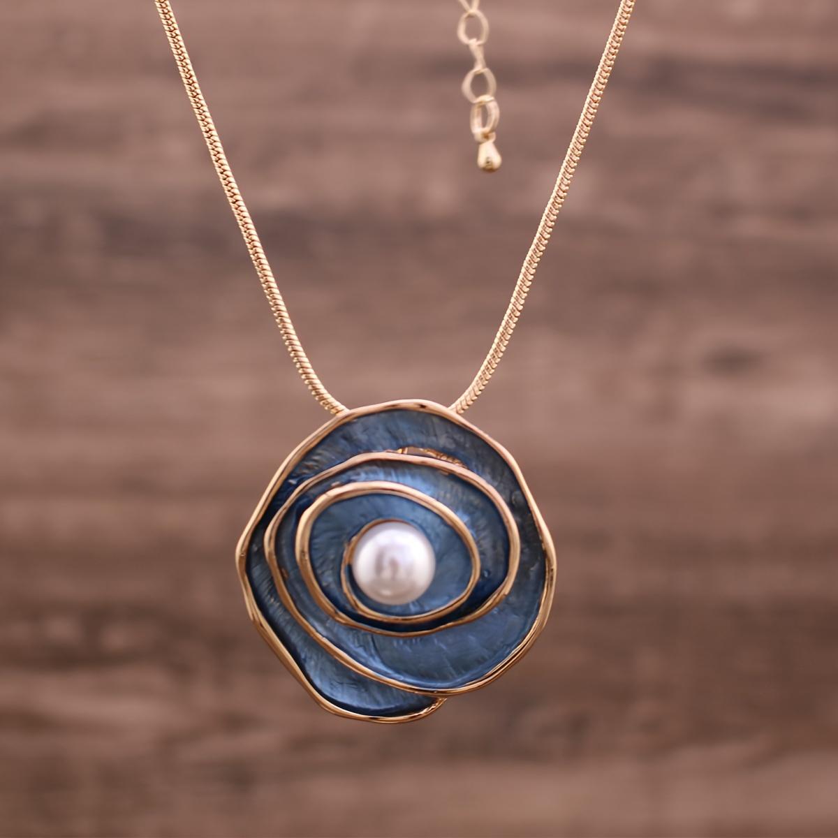 

Elegant French-Inspired Floral Enamel Imitation Pearl Pendant Necklace - Golden-Tone Blue & White Flower Design for Weddings, Vacations & Casual Attir синий